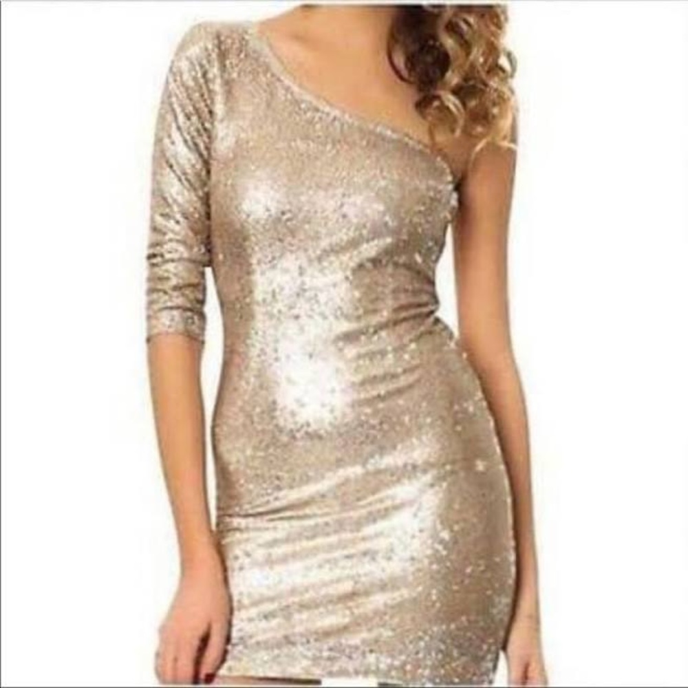 BB Dakota sequin body con one shoulder gold party dress New Year’s Eve NWT sz 8